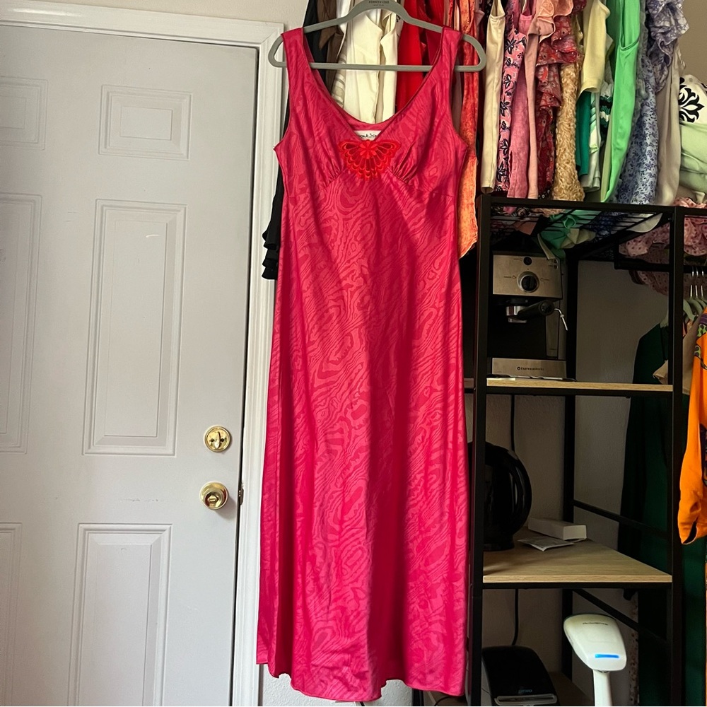 VINTAGE pink satin lace‎ insert sleeveless midi dress slip